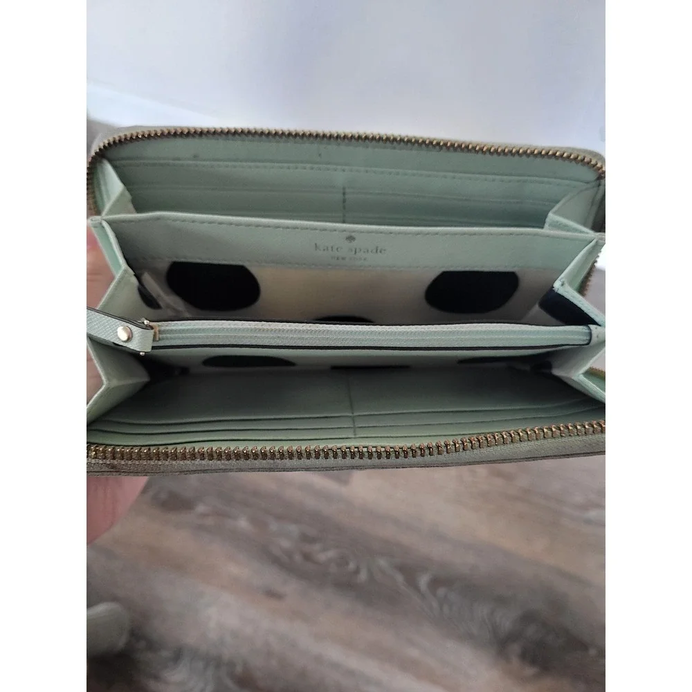 Kate Spade New York Zip Around Wallet Mint Saffiano Leather Polka Dot Zipper #HH